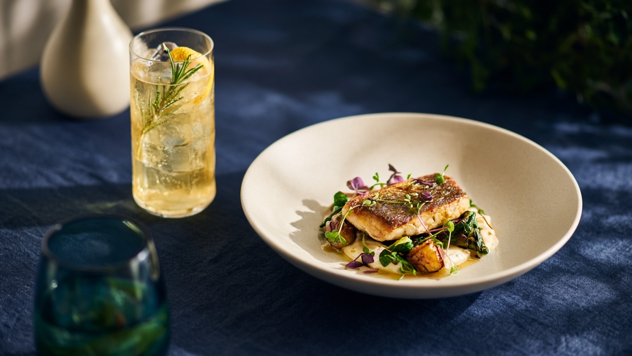 Editorial still life of a plated dish, ceramic tableware, and a crafted beverage