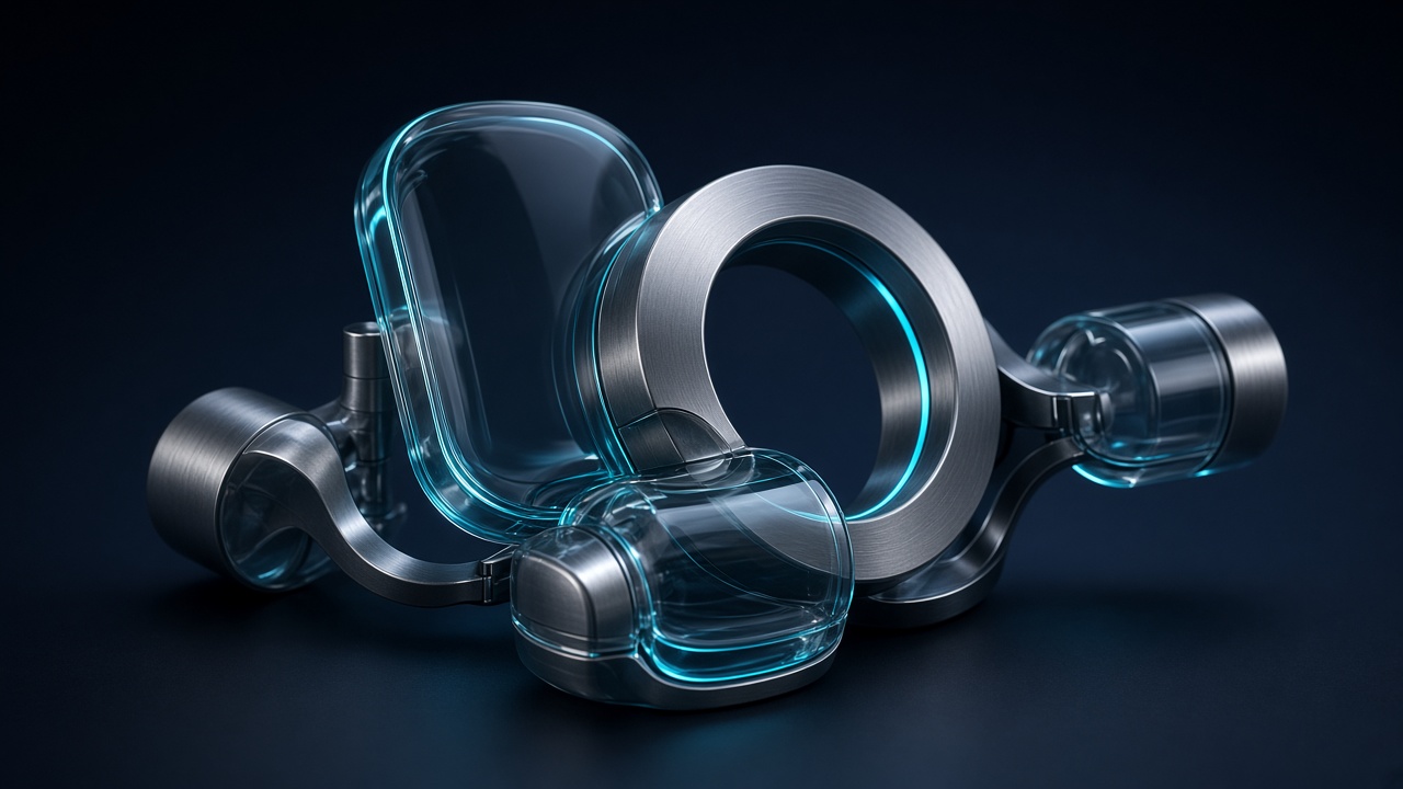 Sculptural glass and metal modules suggesting connected digital systems