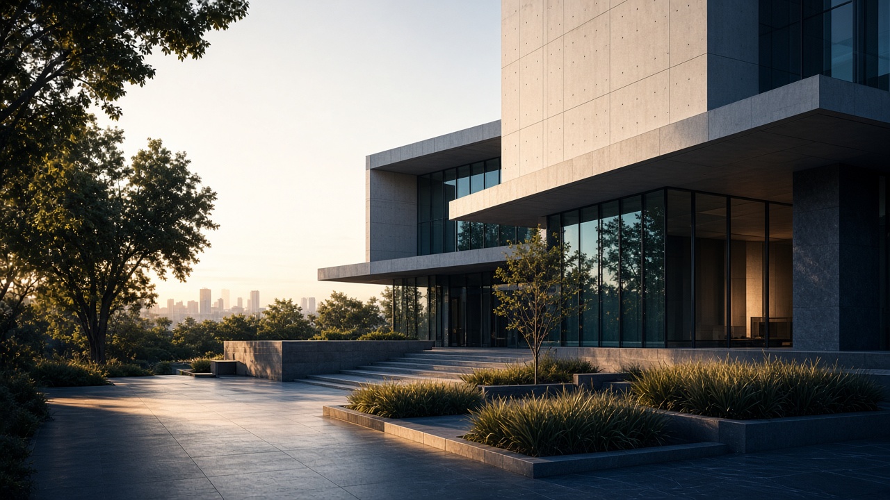 Contemporary architectural forms and landscaped urban space in warm natural light